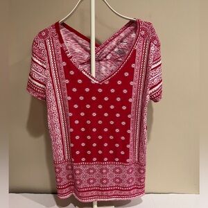 Women’s Large Paisley Red Bandana Print Deep V Front and Back Short Sleeve Top L